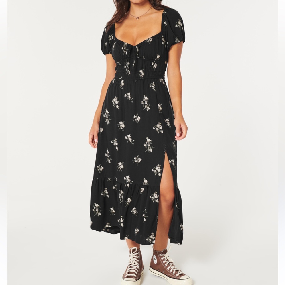 Hollister Black and White Wrap Midi Dress with Puff Sleeves
